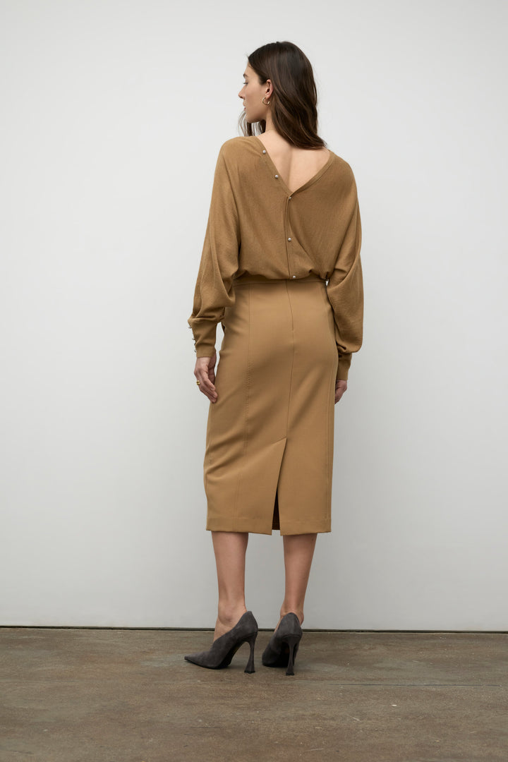 Merino blend V neck sweater button detail