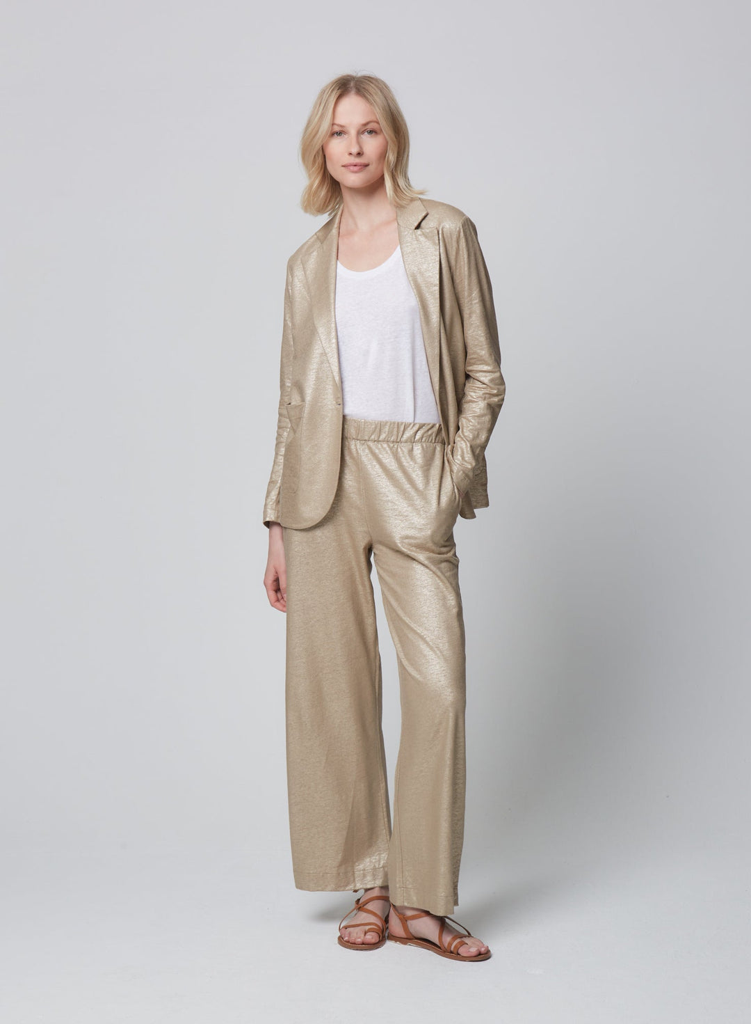 Stretch Linen Metallic One Button Blazer - JACKET - Majestic Filatures North America