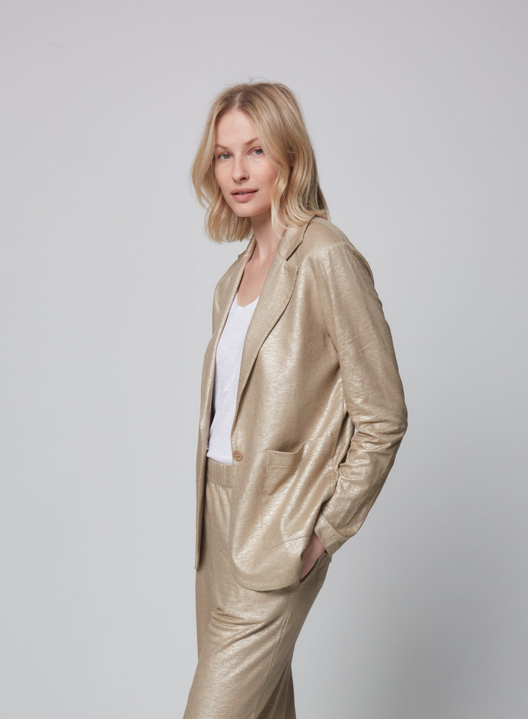 Stretch Linen Metallic One Button Blazer - JACKET - Majestic Filatures North America