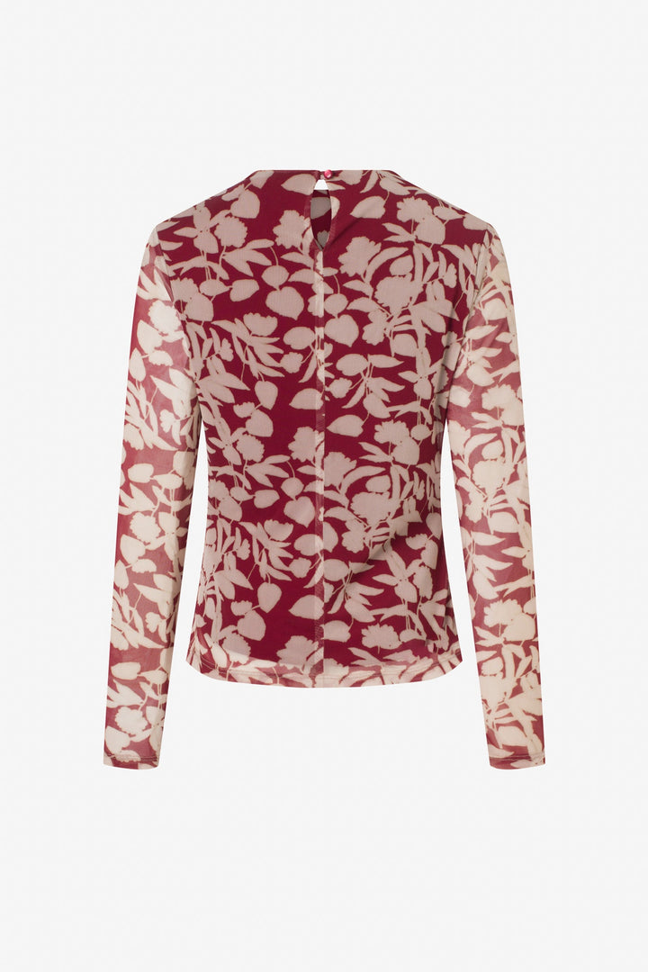Printed mesh shirred long sleeve top