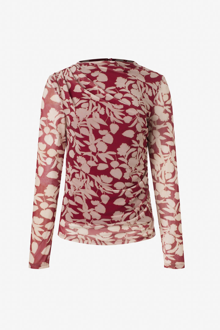 Printed mesh shirred long sleeve top