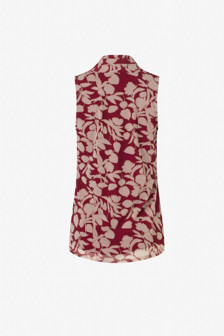 Printed mesh sleeveless pleated v-neck top