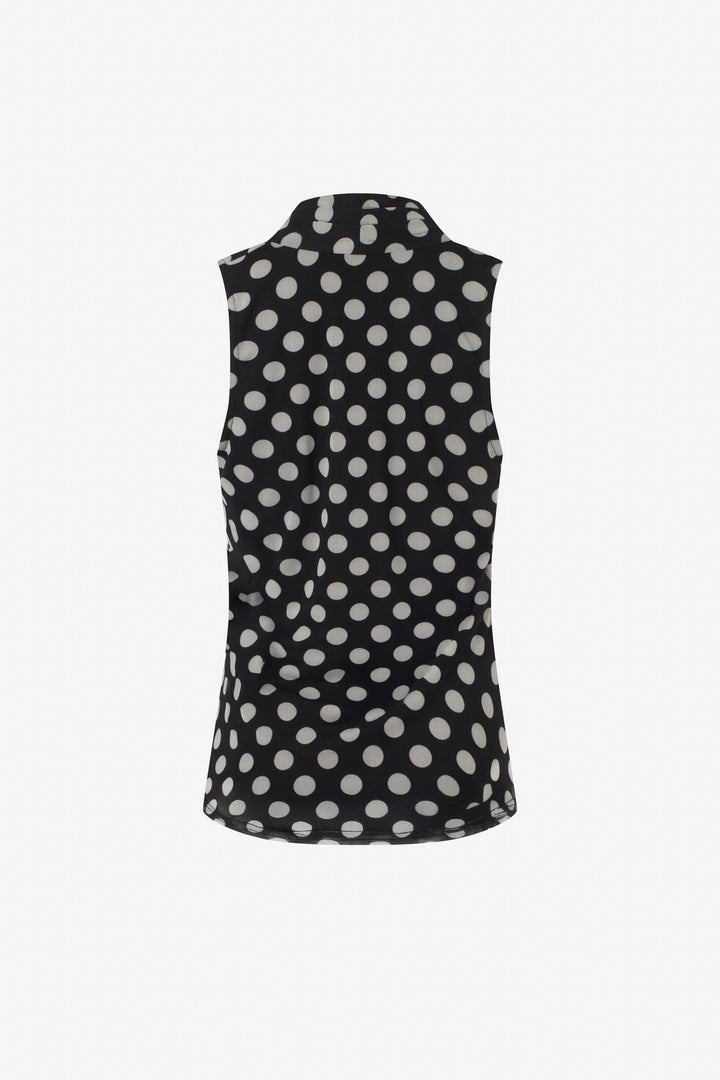 Polka dot  mesh sleeveless pleated v-neck top