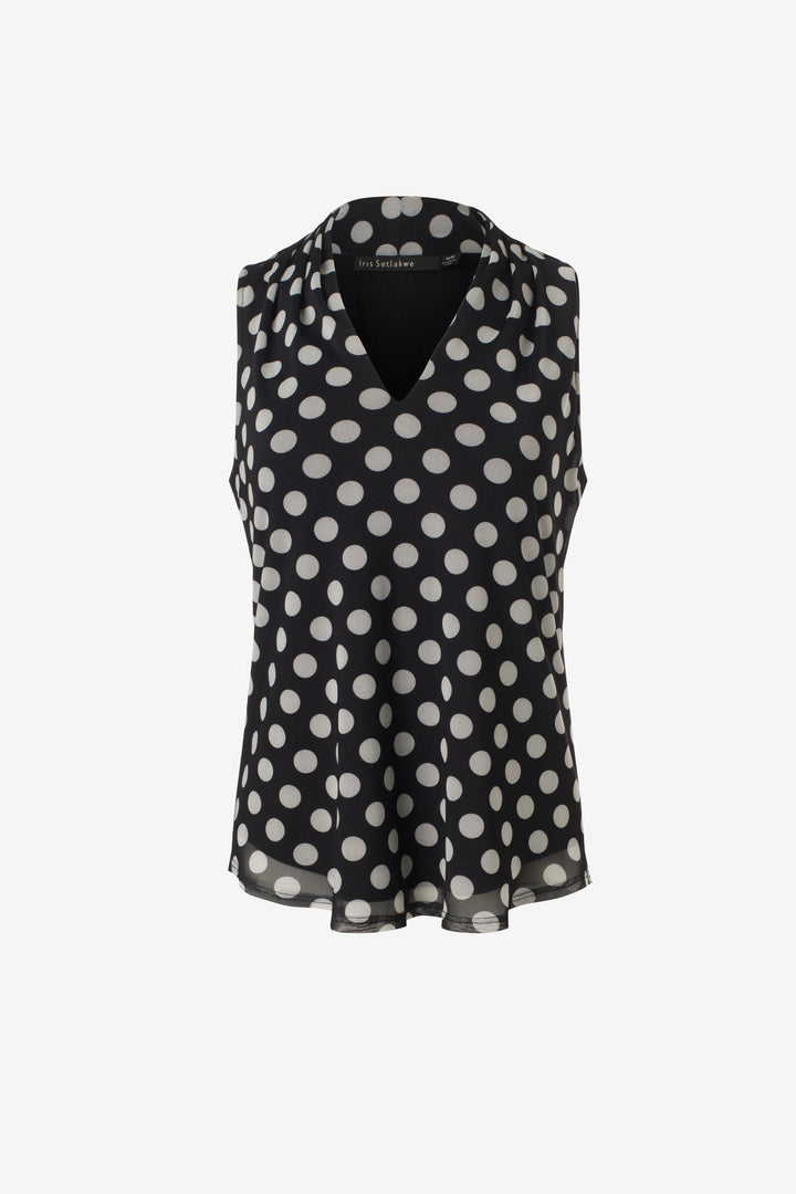 Polka dot  mesh sleeveless pleated v-neck top