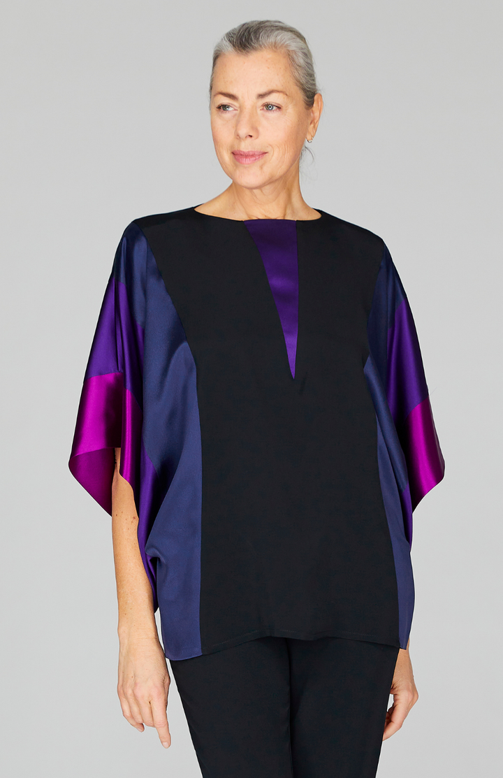 Silk Tunic w/Contrast Satin Bands & V Inset